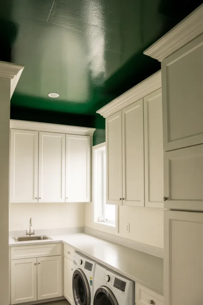 Bold Graphic Ceiling With Simple White Walls and Cabinets
