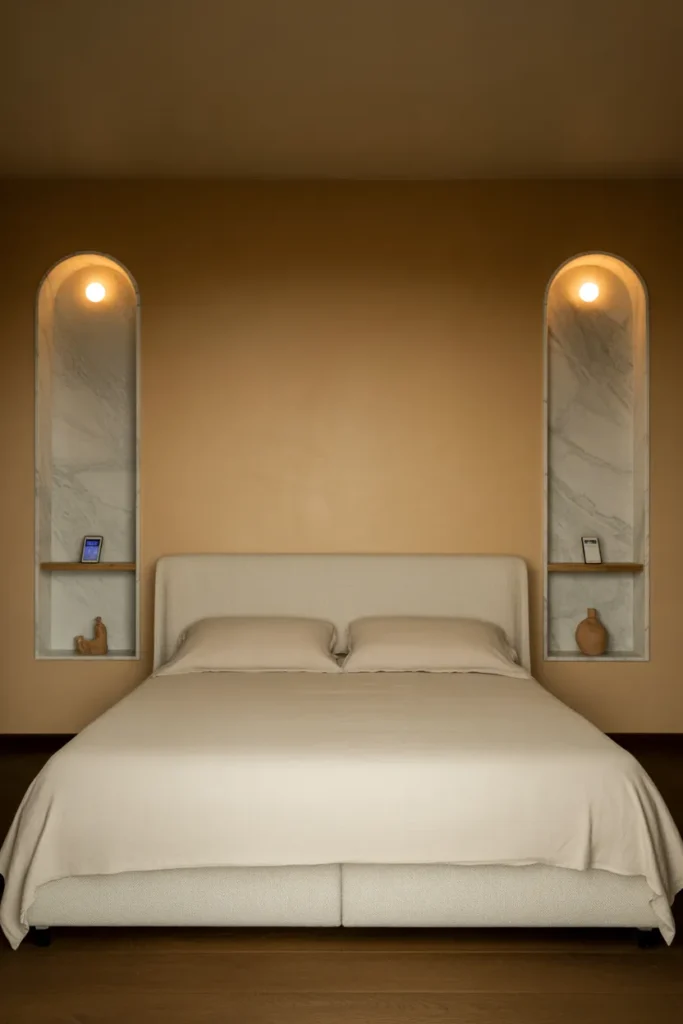 Built-In Bedside Niches Cut Into the Wall for a Custom Hotel Finish