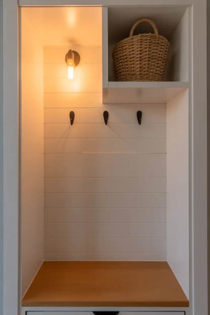Built-in entryway nook with white shiplap backing