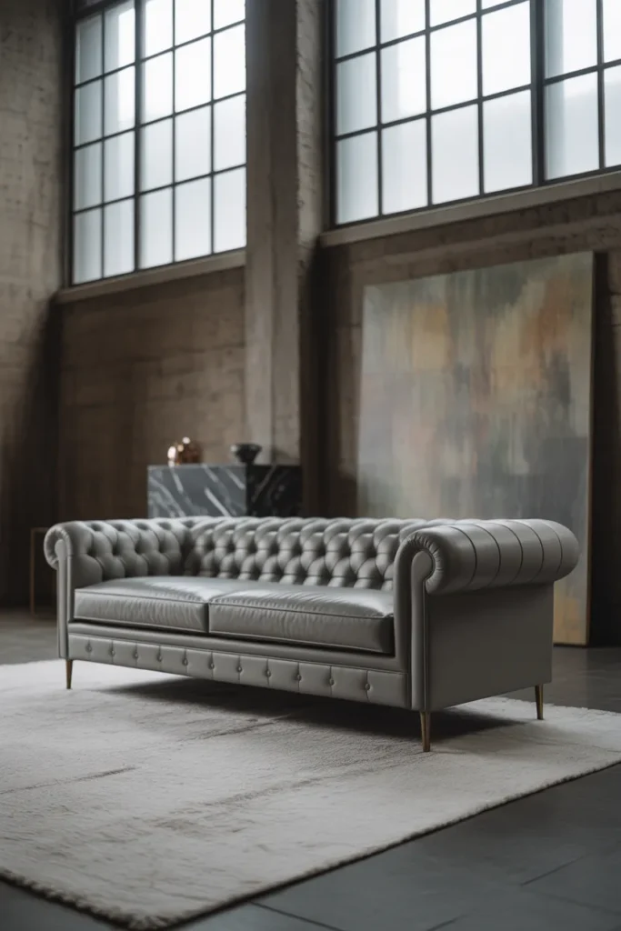 Chesterfield-Profile Sofa Reinterpreted in a Modern Muted Palette