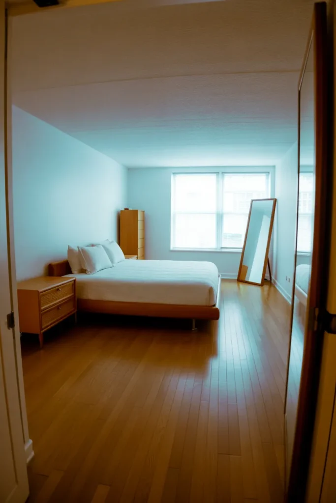 Compact bedroom with a queen platform bed under a large window