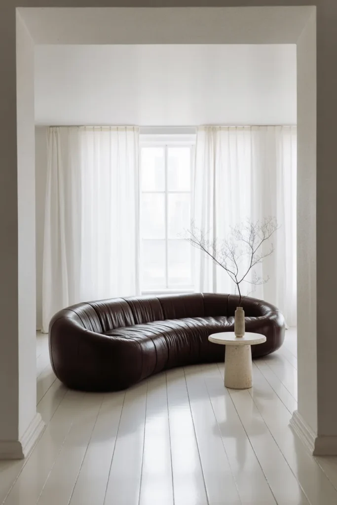 Curved Sofa in a Dark Color to Ground a Bright White Room
