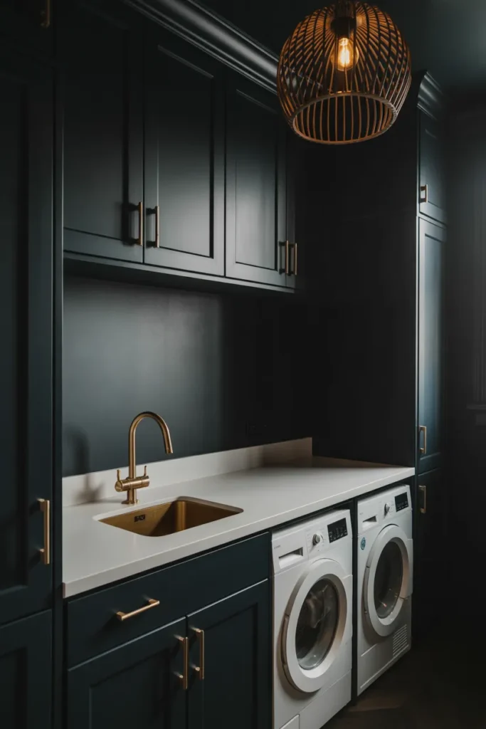 Dark Moody Walls With Brass Hardware and Statement Lighting