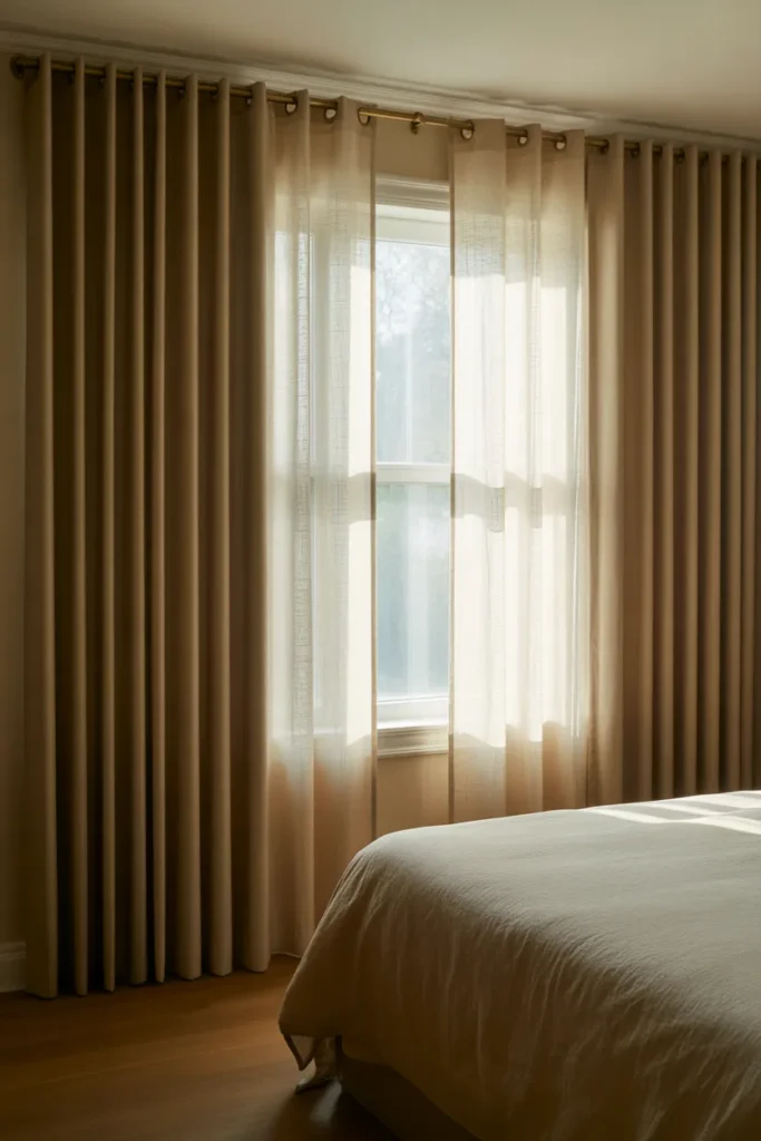 Double-Layer Curtains From Ceiling to Floor in a Neutral Tone