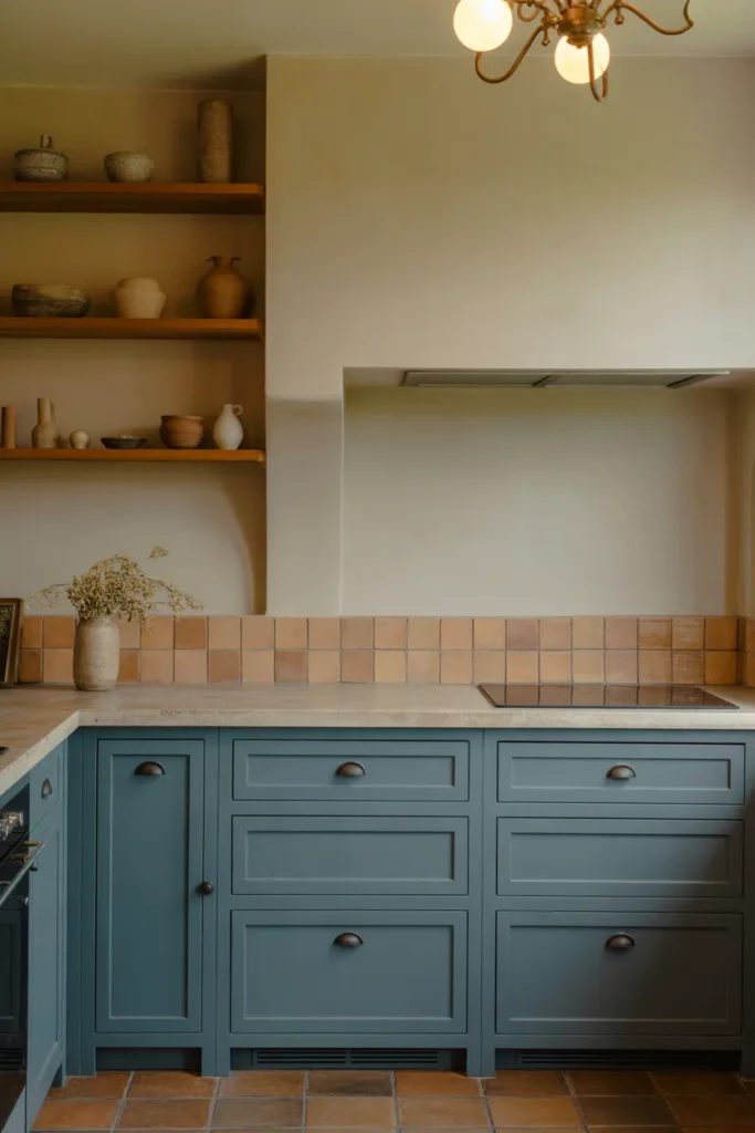 Dusty blue flat-panel lower cabinets with simple dark bronze cup pulls.