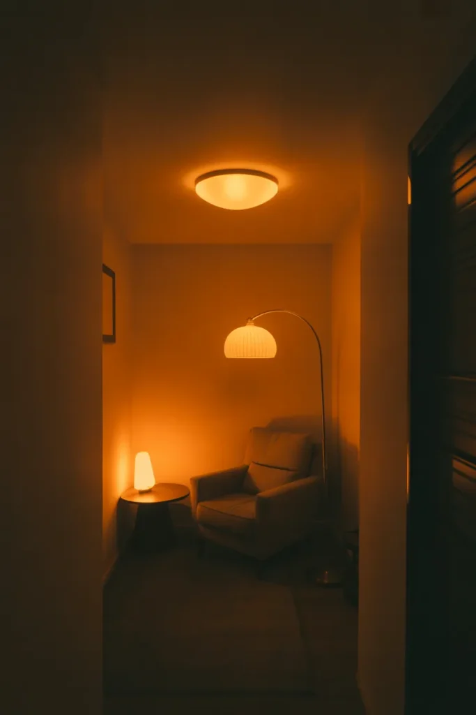 Evening interior shot of a compact living room lit exclusively by warm artificial light