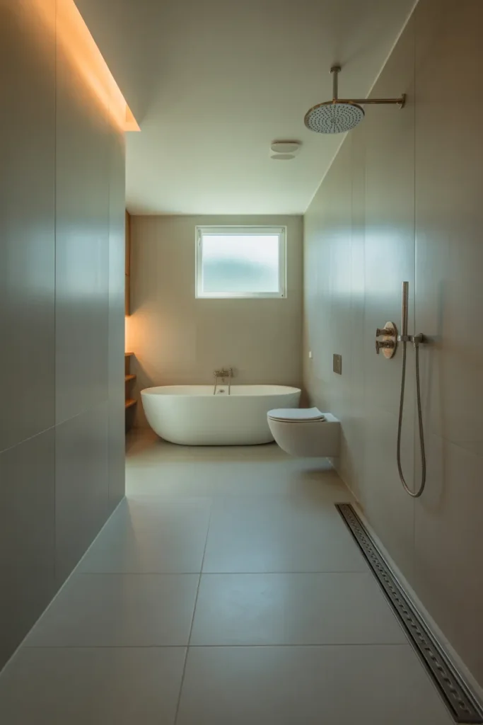 Floor and walls are seamless light grey porcelain slabs
