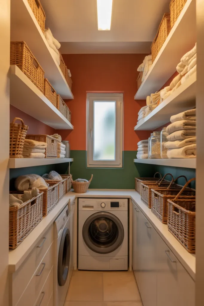 Floor-to-Ceiling Open Shelving With Color-Blocked Walls