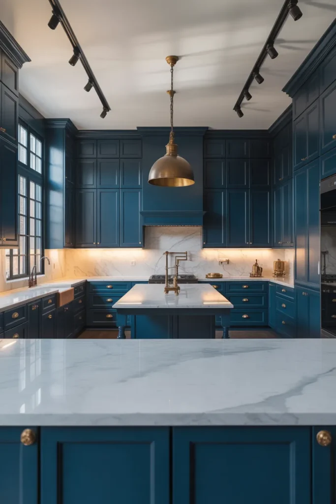 Floor-to-ceiling midnight blue flat-front cabinets