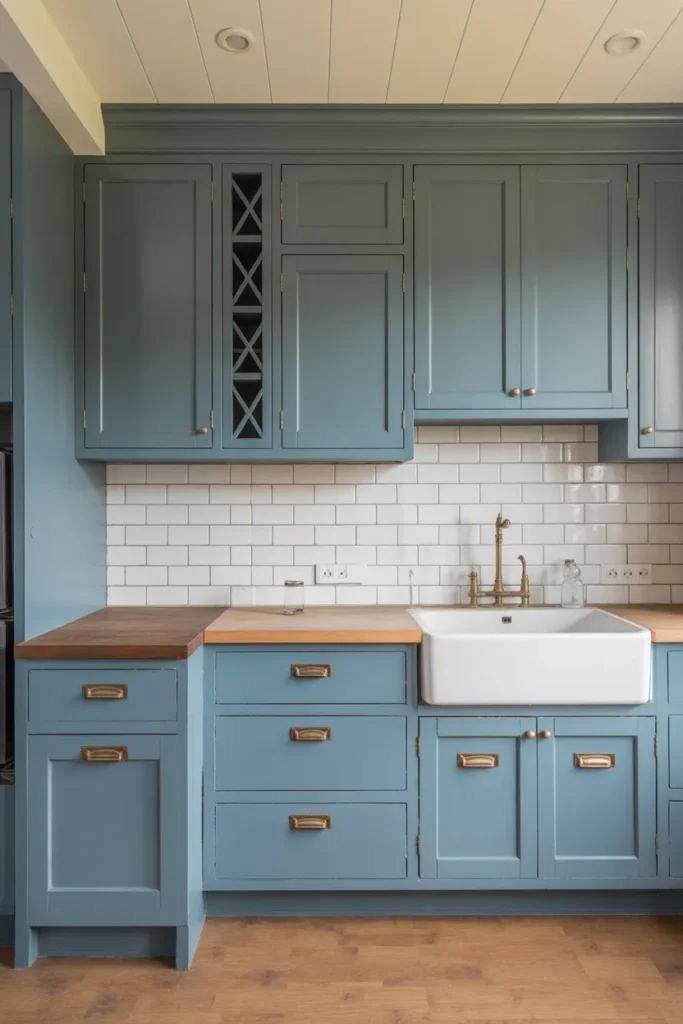 French blue painted shaker cabinets upper and lower