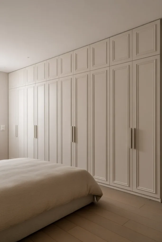 Full Wall Built-In Wardrobe With Flush Panel Doors That Disappear Into the Room