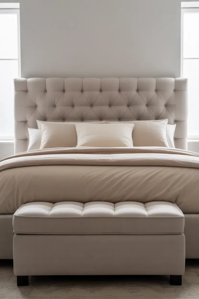 Fully upholstered bedroom set in soft greige performance fabric