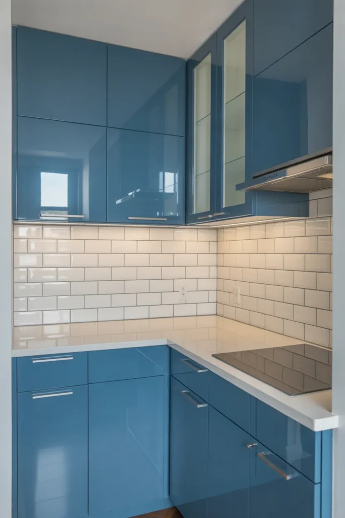 Glossy medium blue flat-front cabinets upper and lower.