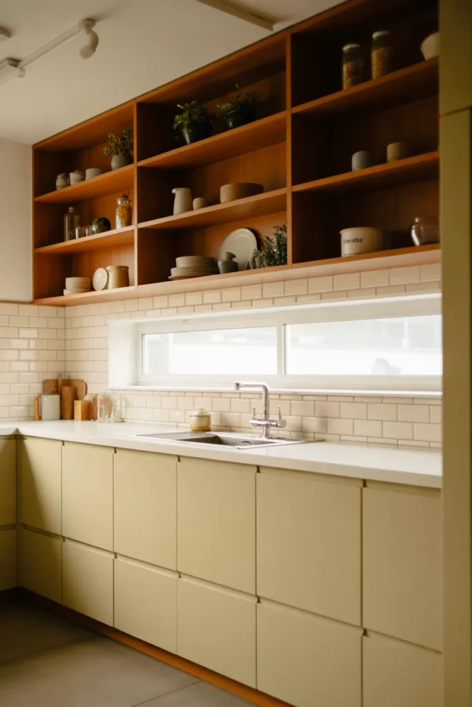 Handleless Lower Cabinets With Open Upper Shelving