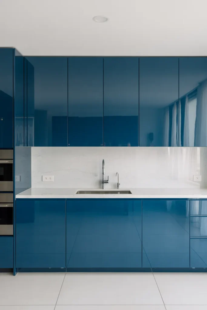 High-gloss deep ocean blue lacquer flat-front slab cabinet doors upper and lower