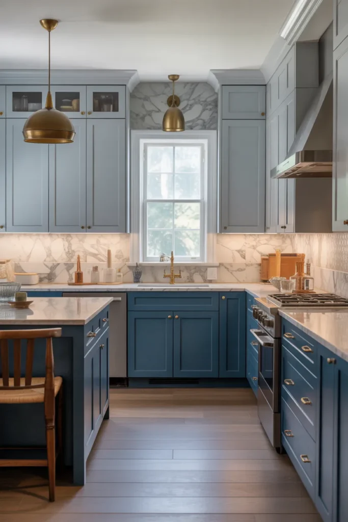 Indigo blue lower shaker cabinets paired with pale ice blue upper shaker cabinets