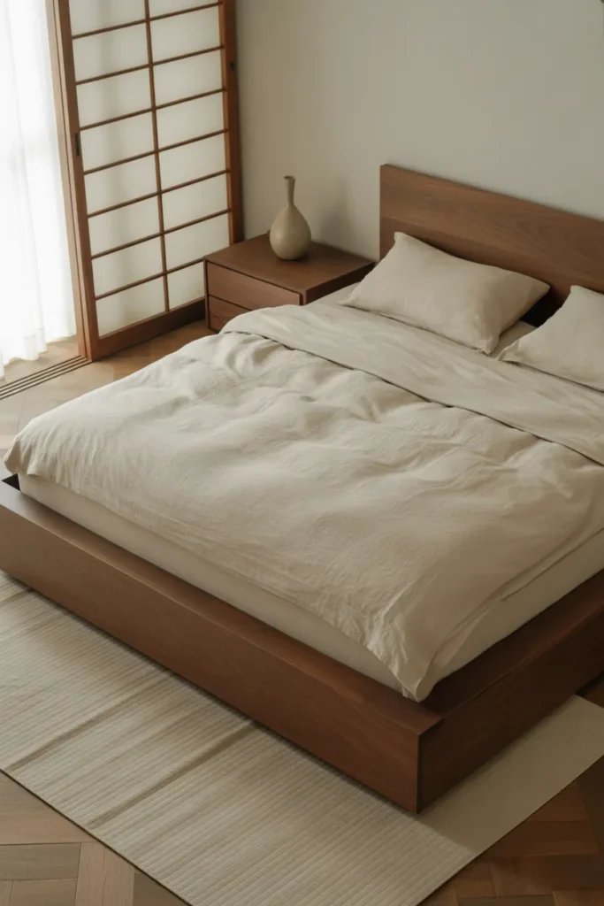 Japandi-Style Low Bed With Natural Wood Frame