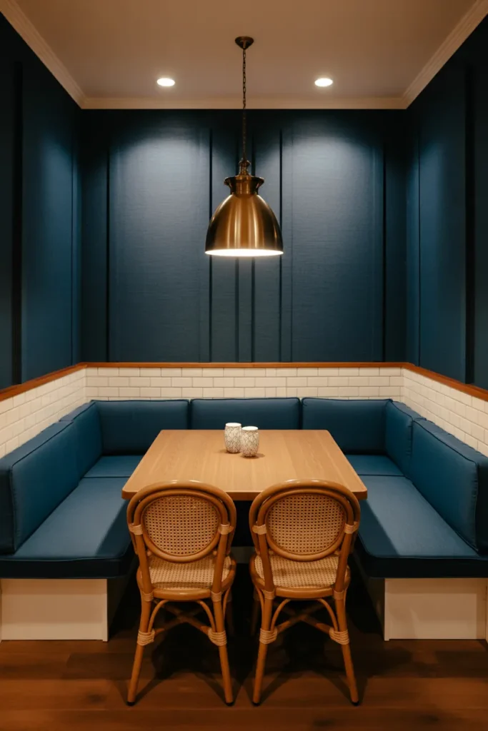 L-shaped banquette in deep navy blue fabric against two walls