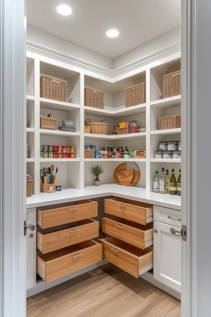 L-shaped built-in corner pantry interior