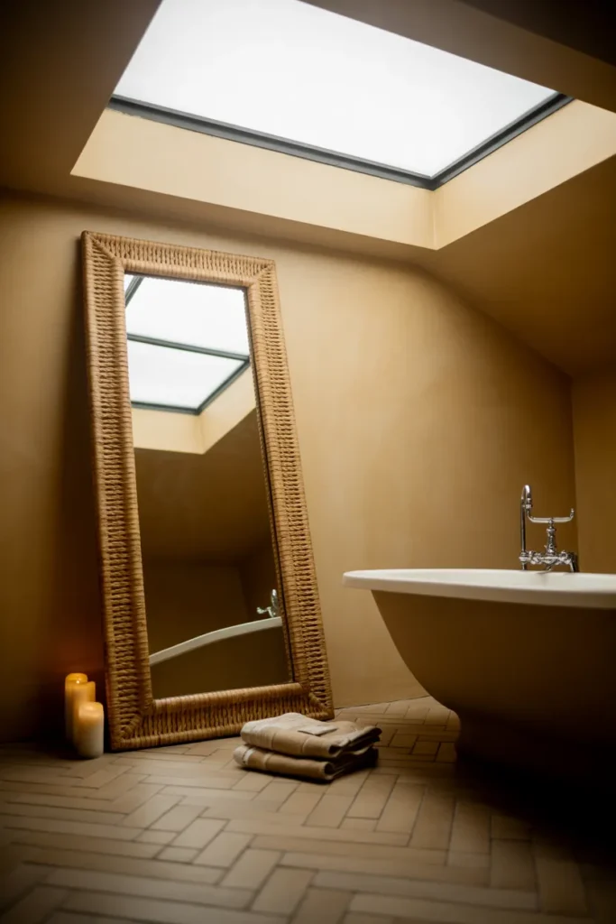 Leaning Floor Mirror in a Large Primary Bathroom for Layered Depth