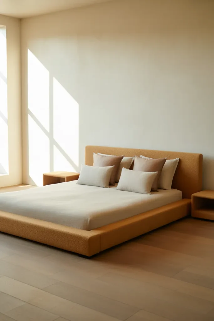Low-profile platform bed in warm oatmeal bouclé upholstery