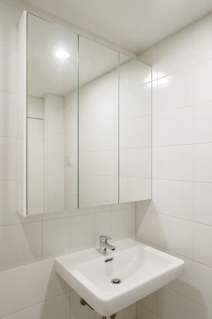 Medicine Cabinet With Flush Frameless Door That Reads as a Clean Mirror