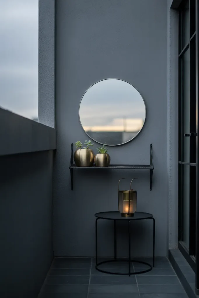 Mirrors and Metallic Accents to Amplify Light on a Dark Balcony