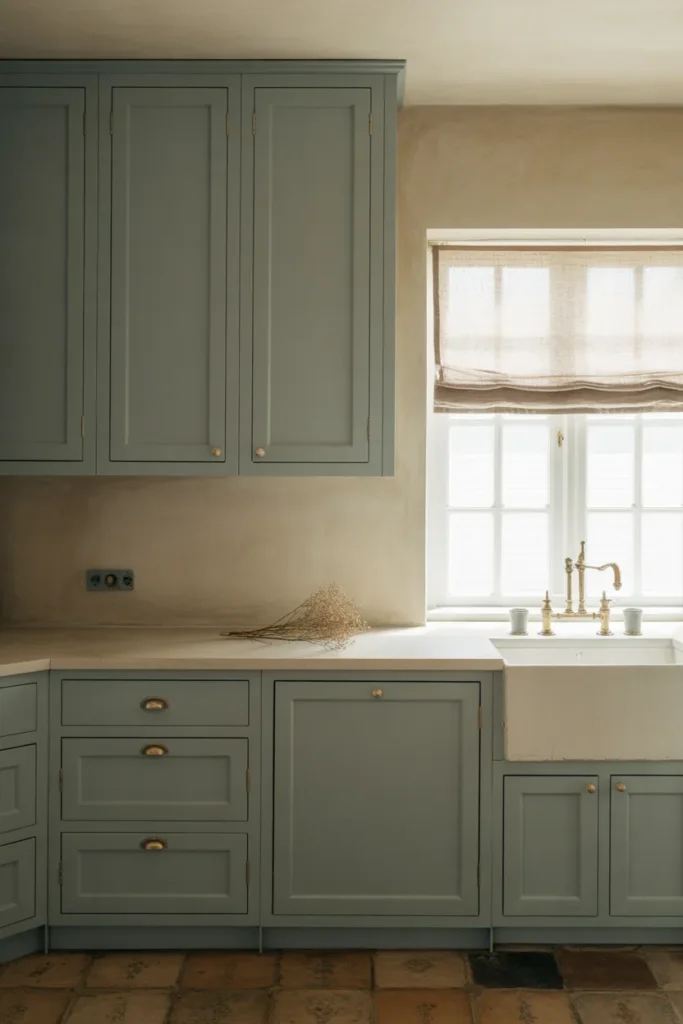 Muted sage-blue shaker cabinets upper and lower in a soft antique blue-grey tone