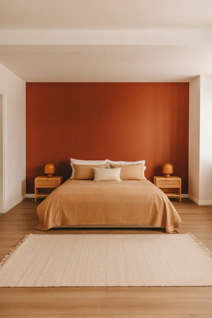 One deep terracotta accent wall behind a freshly styled queen bed