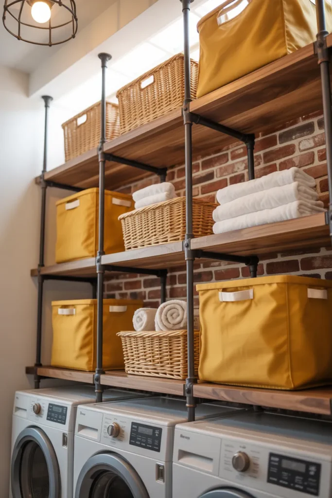 Open Industrial Pipe Shelving With Colorful Bins and Baskets