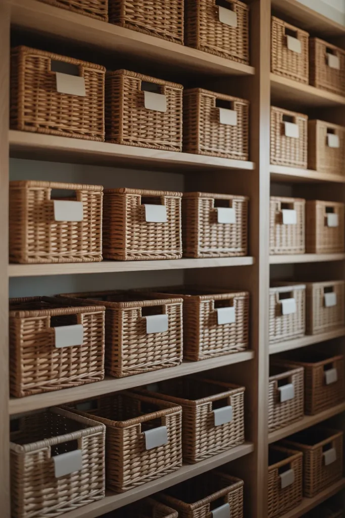 Open pantry shelving with uniform rows of woven seagrass baskets