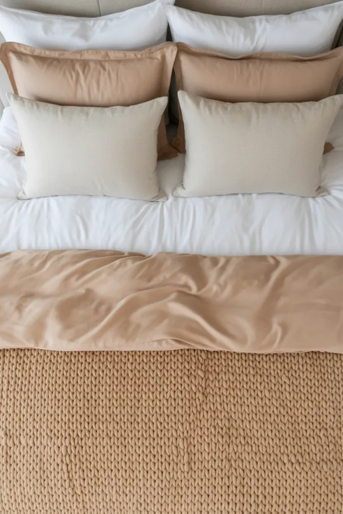 Overhead centered shot of a perfectly styled bed