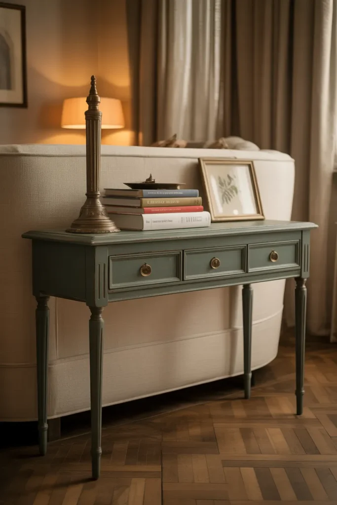 Painted Vintage Console Repurposed as a Sofa Table