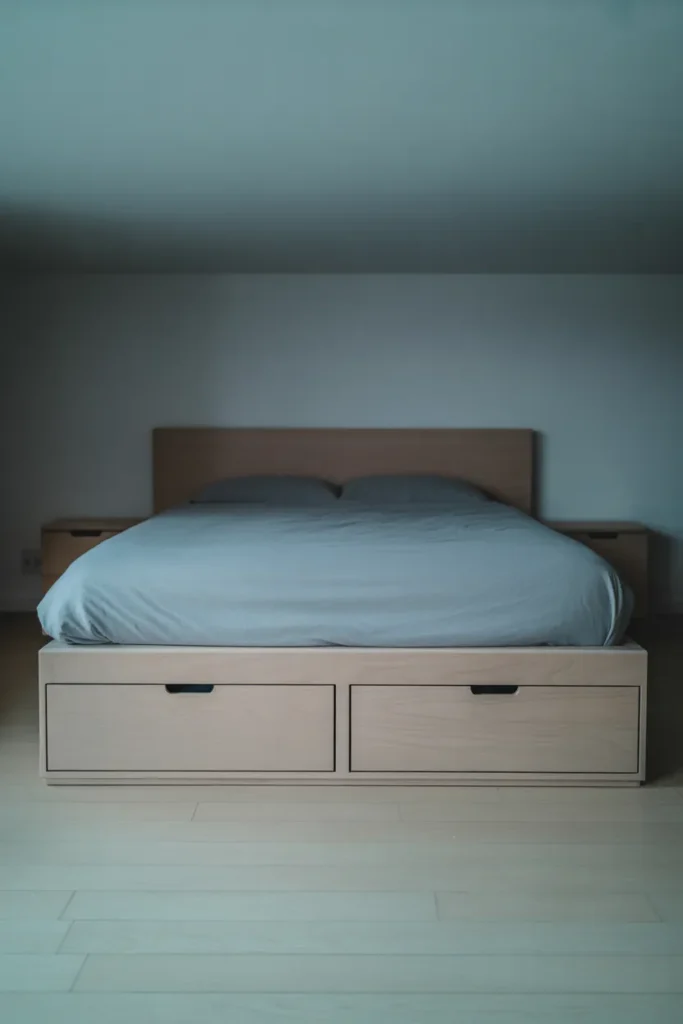 Platform bed with two flush built-in storage drawers