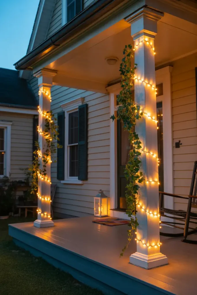 Porch Columns With Fairy Light Wraps