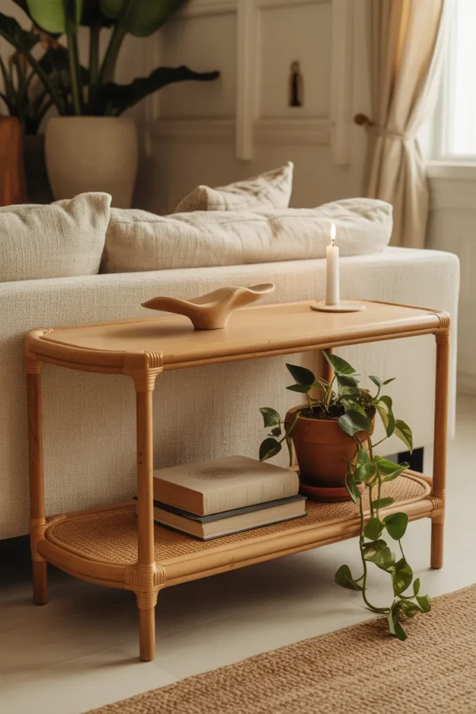 Rattan and Wood Console for a Relaxed Organic Living Room