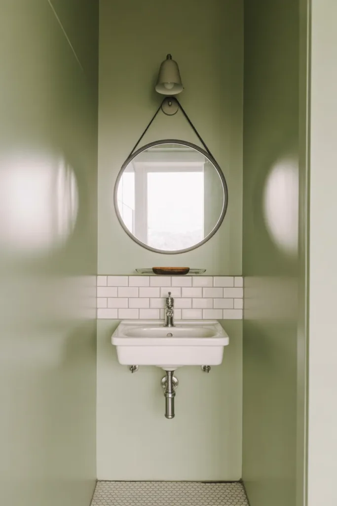 Round Mirror Above a Wall-Mounted Sink in a Compact Bathroom