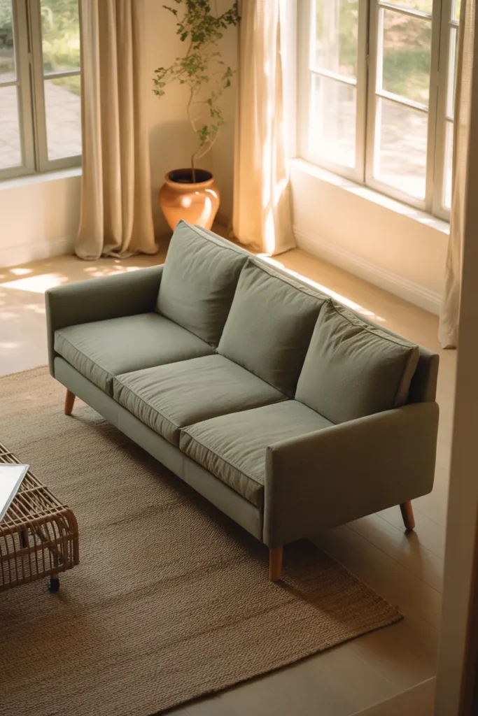 Sage Green Sofa With Natural Wood Legs