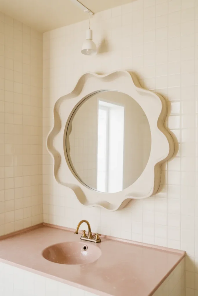 Scalloped or Shaped-Edge Mirror for a Playful Transitional Bathroom