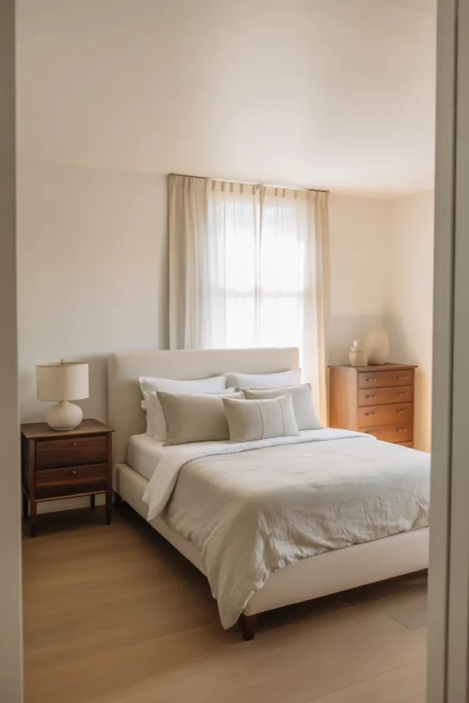 Serene guest bedroom with a full-size bed in a simple white upholstered frame