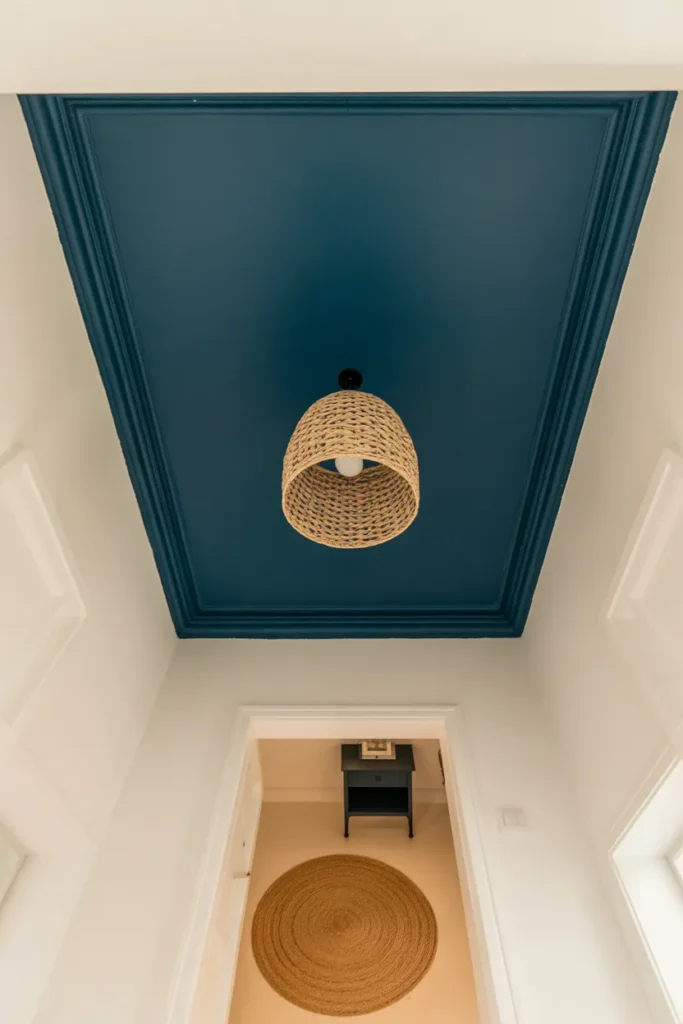 Small square foyer looking straight up at a deep navy painted ceiling