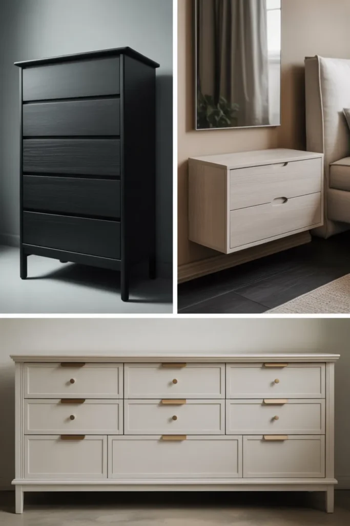 Three-panel editorial composition showing three dresser silhouettes side by side