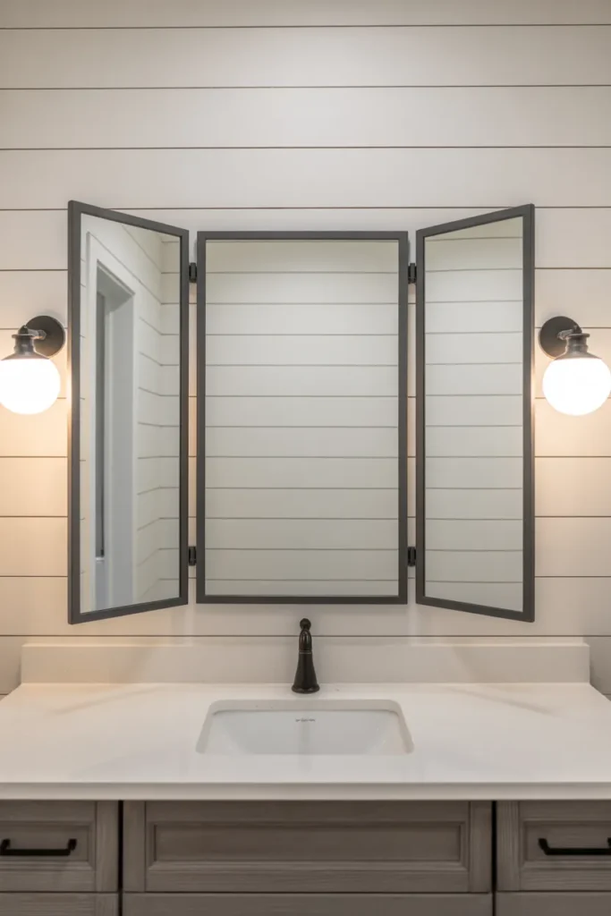 Triptych Three-Panel Mirror for a Wide Vanity With Pivot Functionality