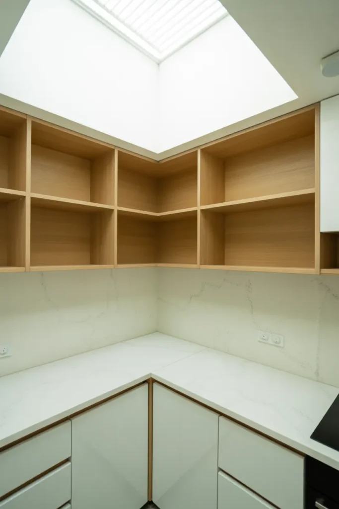 U-shaped kitchen with white quartz countertops