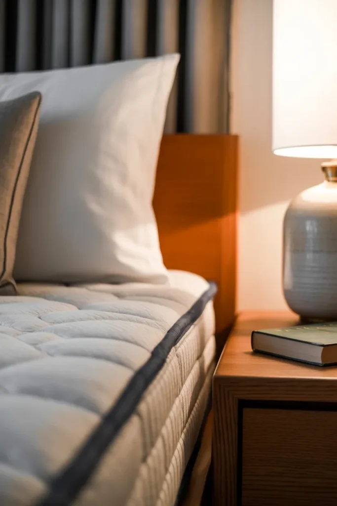 Ultra-close detail shot from the side of a bed