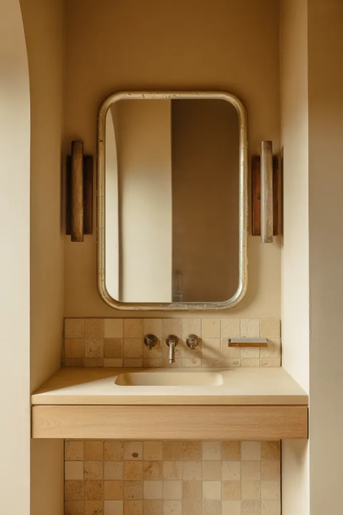 Unlacquered Brass Framed Mirror for a Warm Evolving Bathroom Finish