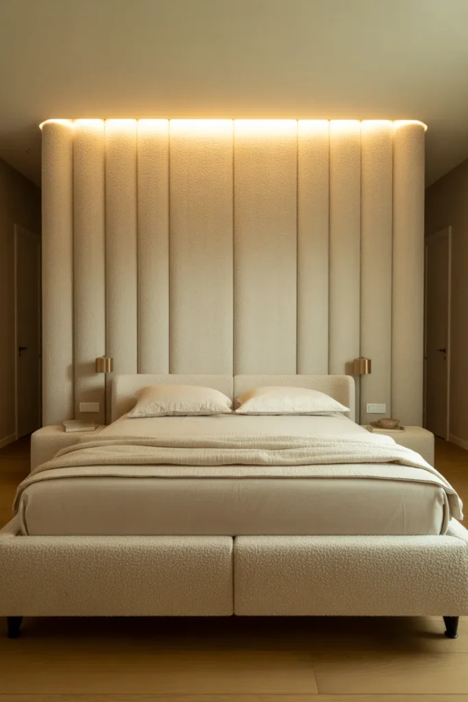 Upholstered Wall Panels Behind the Bed That Replace the Headboard Entirely