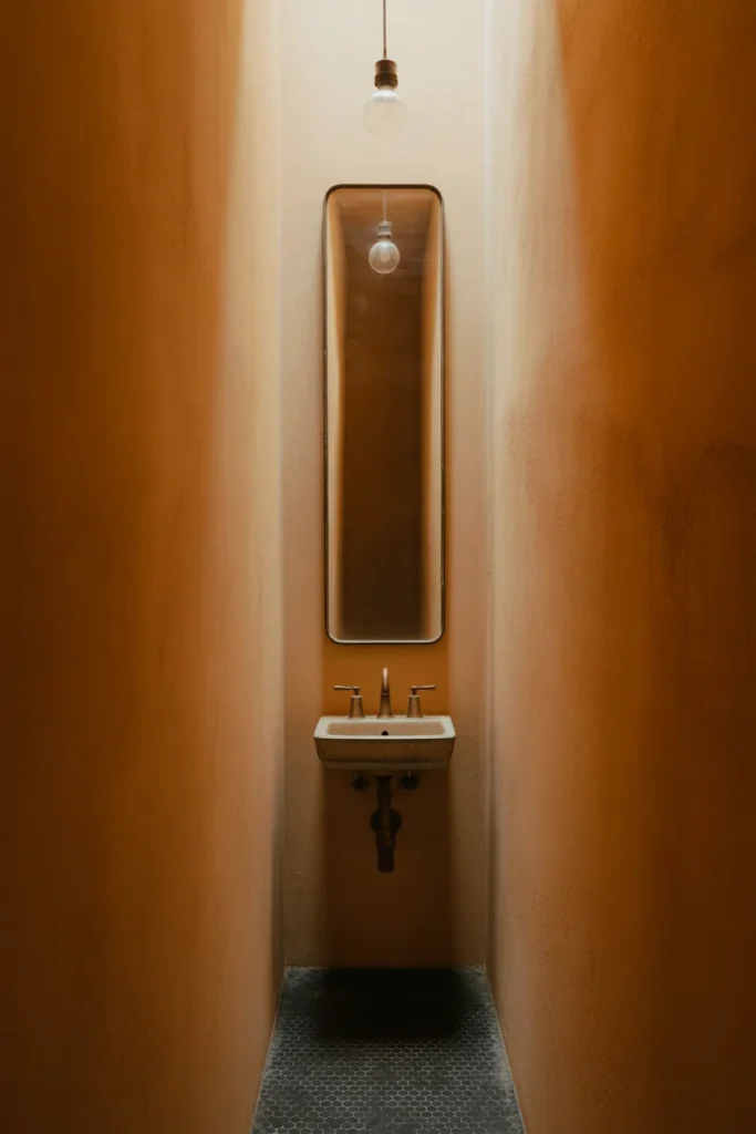 Vertical Floor-to-Ceiling Slim Mirror for a Narrow Bathroom