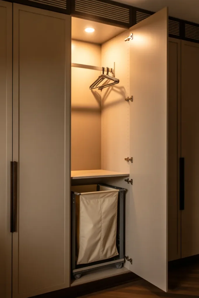 Wardrobe With Integrated Laundry Hamper and Valet Hook System