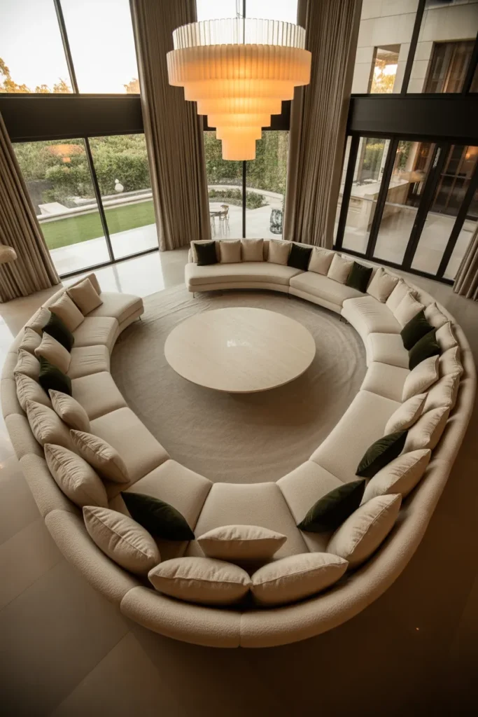 a U-shaped wraparound sofa in warm oatmeal bouclé